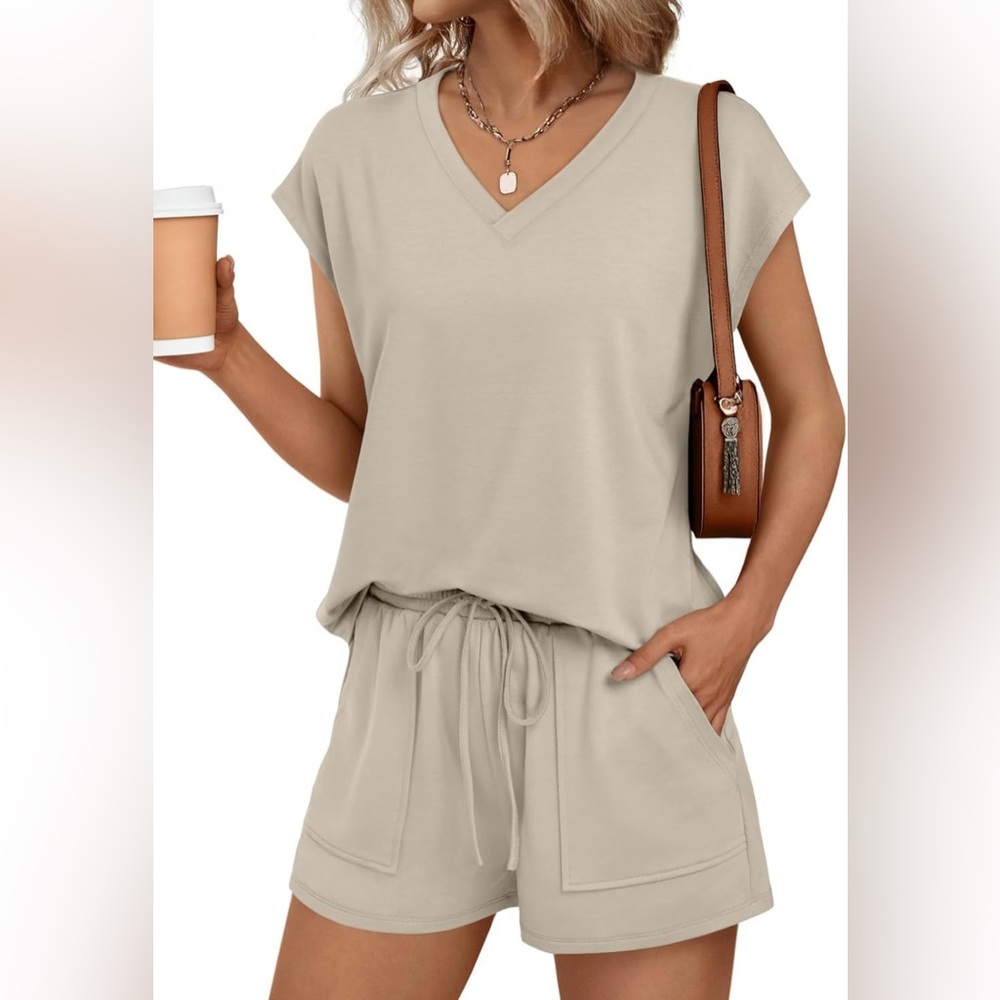 AUTOMET Women 2 Piece V Neck Matching Lounge Sets Clothing Spring Cap Sleeve
